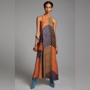 Farm Rio striped  High Neck Halter Maxi Dress - Palm Leaves